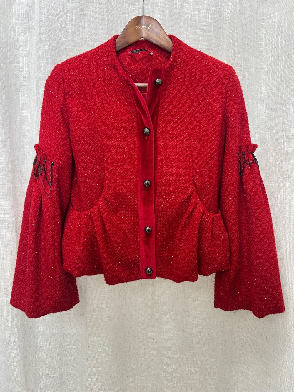 Alberto Makali Red Textured Peplum Jacket with Velvet Placket Size 6